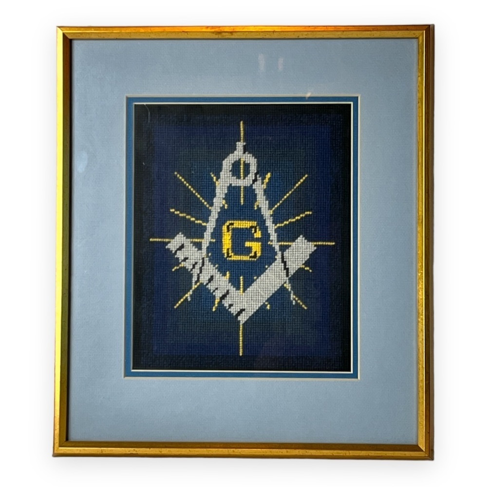 Vintage Masonic Lodge Cross Stitch Gold Framed Matted Handmade Needlework